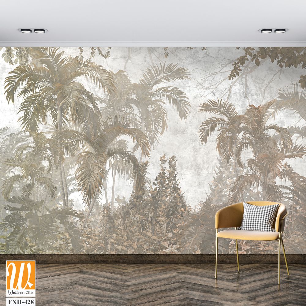 Tropical trees and leaves for digital printing wallpaper, custom design wallpaper - 3D illustration [WP-FXH-428]