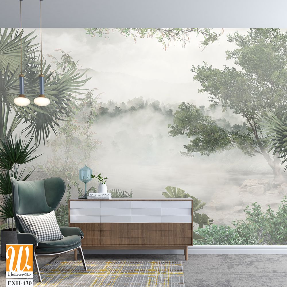 Tropical trees and leaves for digital printing wallpaper, custom design wallpaper - 3D illustration [WP-FXH-430]