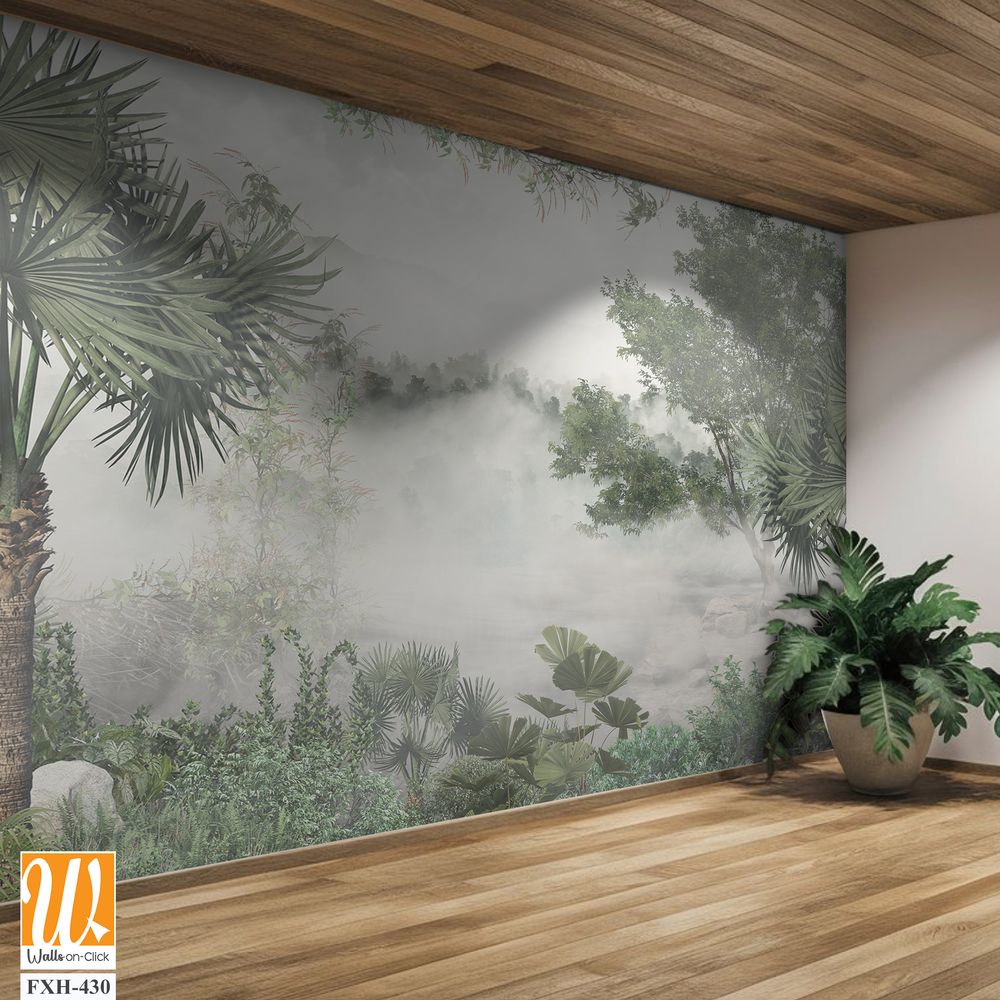 Tropical trees and leaves for digital printing wallpaper, custom design wallpaper - 3D illustration [WP-FXH-430]