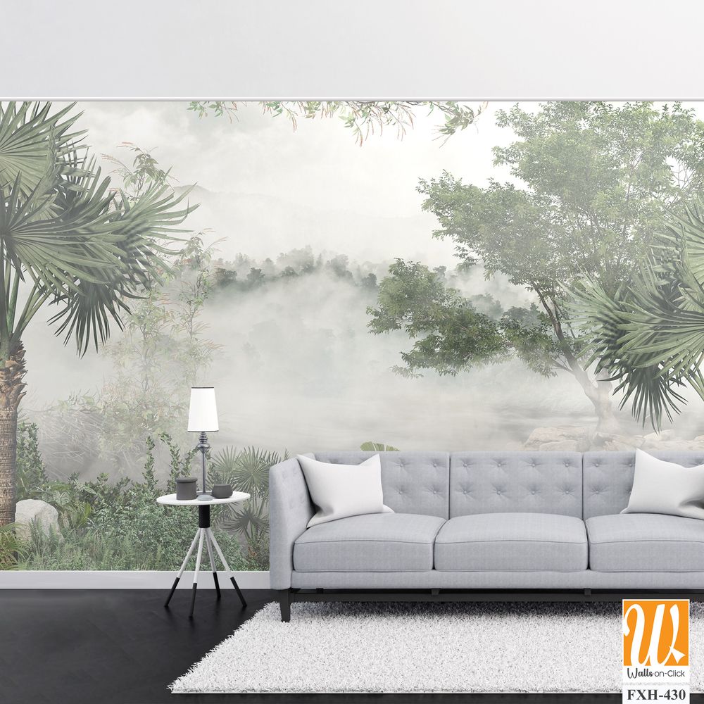 Tropical trees and leaves for digital printing wallpaper, custom design wallpaper - 3D illustration [WP-FXH-430]