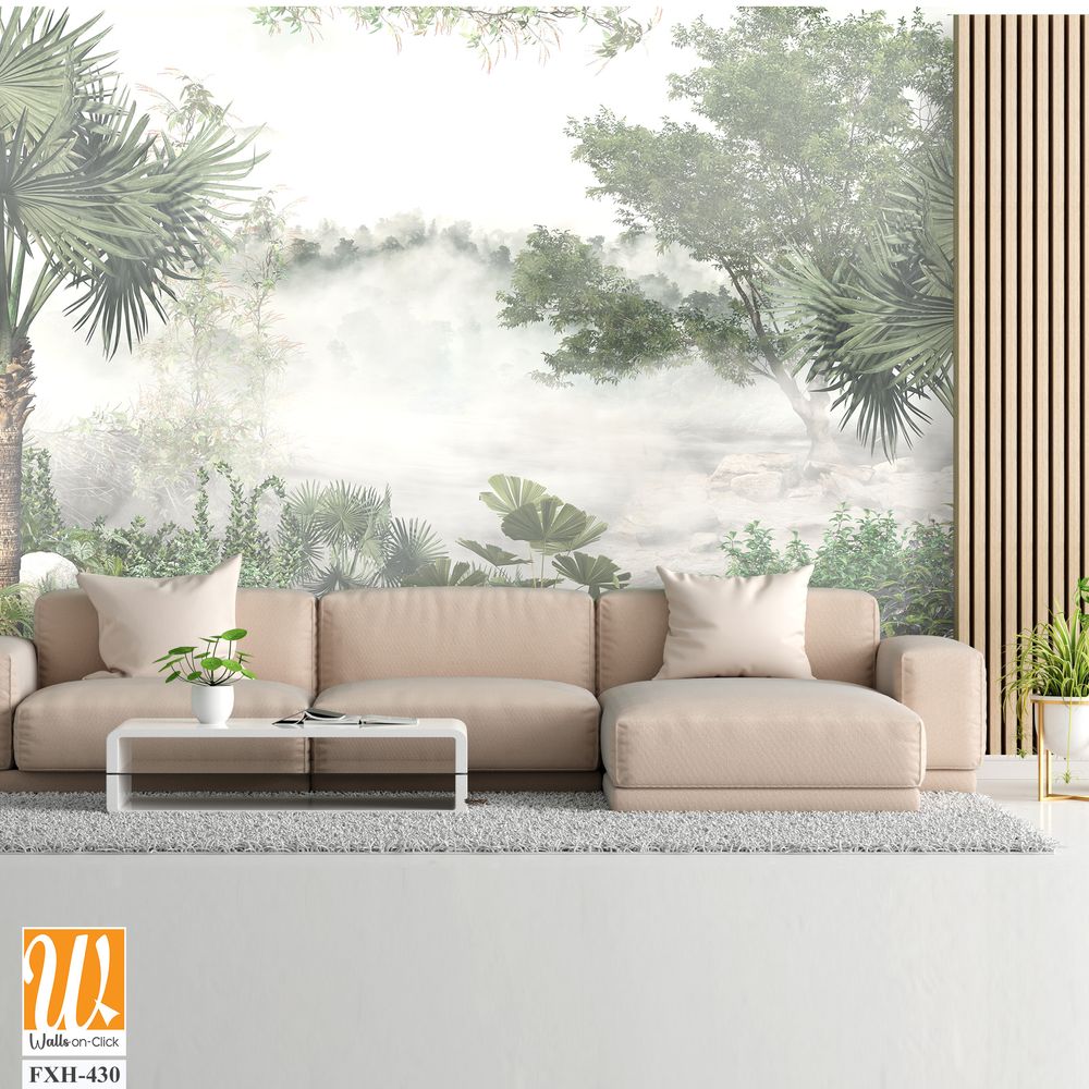 Tropical trees and leaves for digital printing wallpaper, custom design wallpaper - 3D illustration [WP-FXH-430]