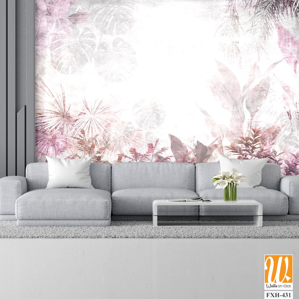 Tropical trees and leaves in foggy forest wallpaper design - 3D illustration [WP-FXH-431]