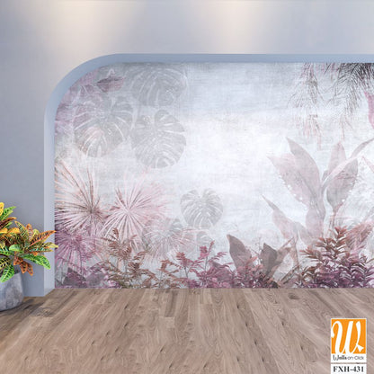 Tropical trees and leaves in foggy forest wallpaper design - 3D illustration [WP-FXH-431]