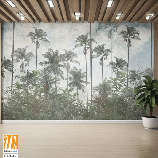 Tropical trees and leaves in foggy forest wallpaper design - 3D illustration [WP-FXH-433]