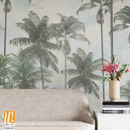 Tropical trees and leaves in foggy forest wallpaper design - 3D illustration [WP-FXH-433]