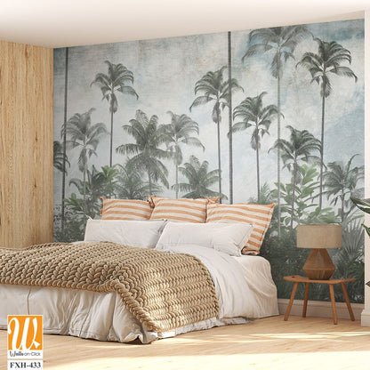 Tropical trees and leaves in foggy forest wallpaper design - 3D illustration [WP-FXH-433]