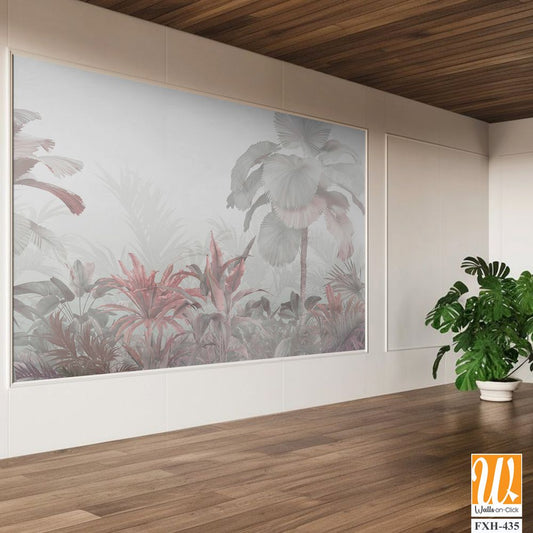 Tropical trees and leaves in foggy forest wallpaper design - 3D illustration [WP-FXH-435]