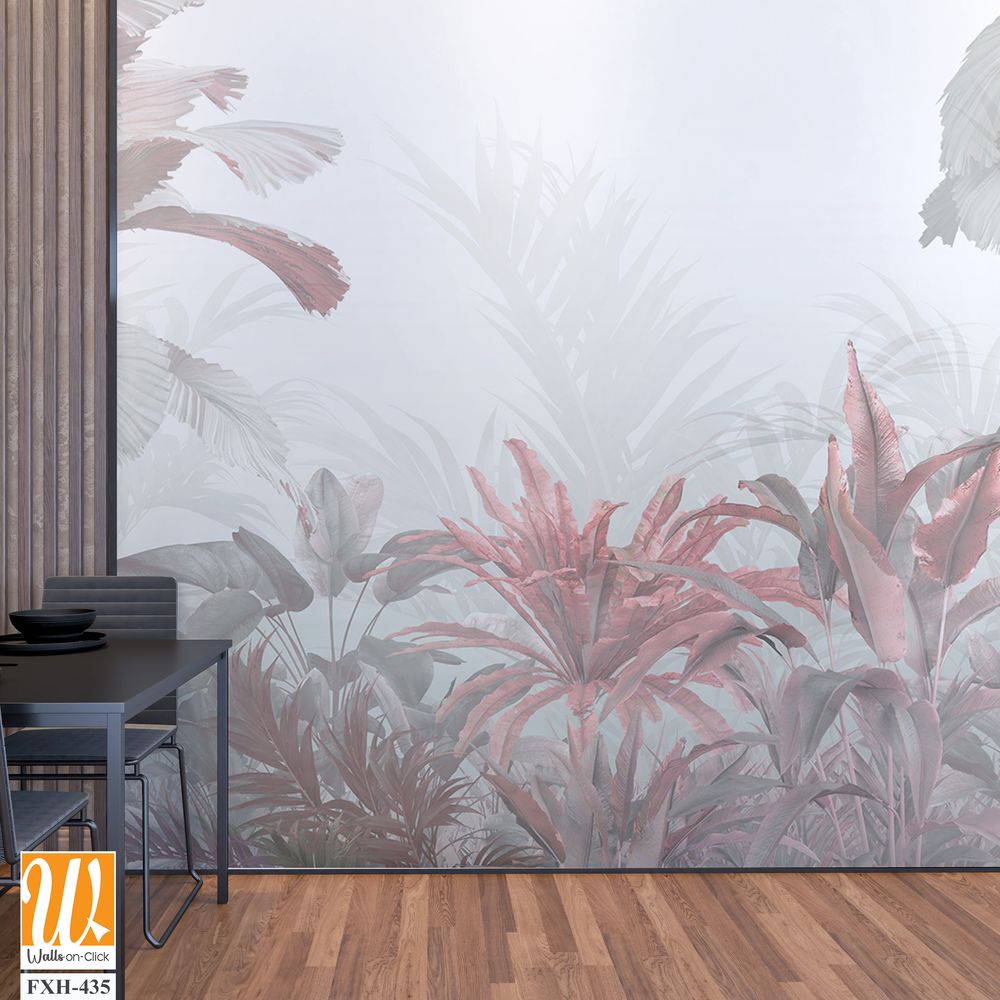 Tropical trees and leaves in foggy forest wallpaper design - 3D illustration [WP-FXH-435]