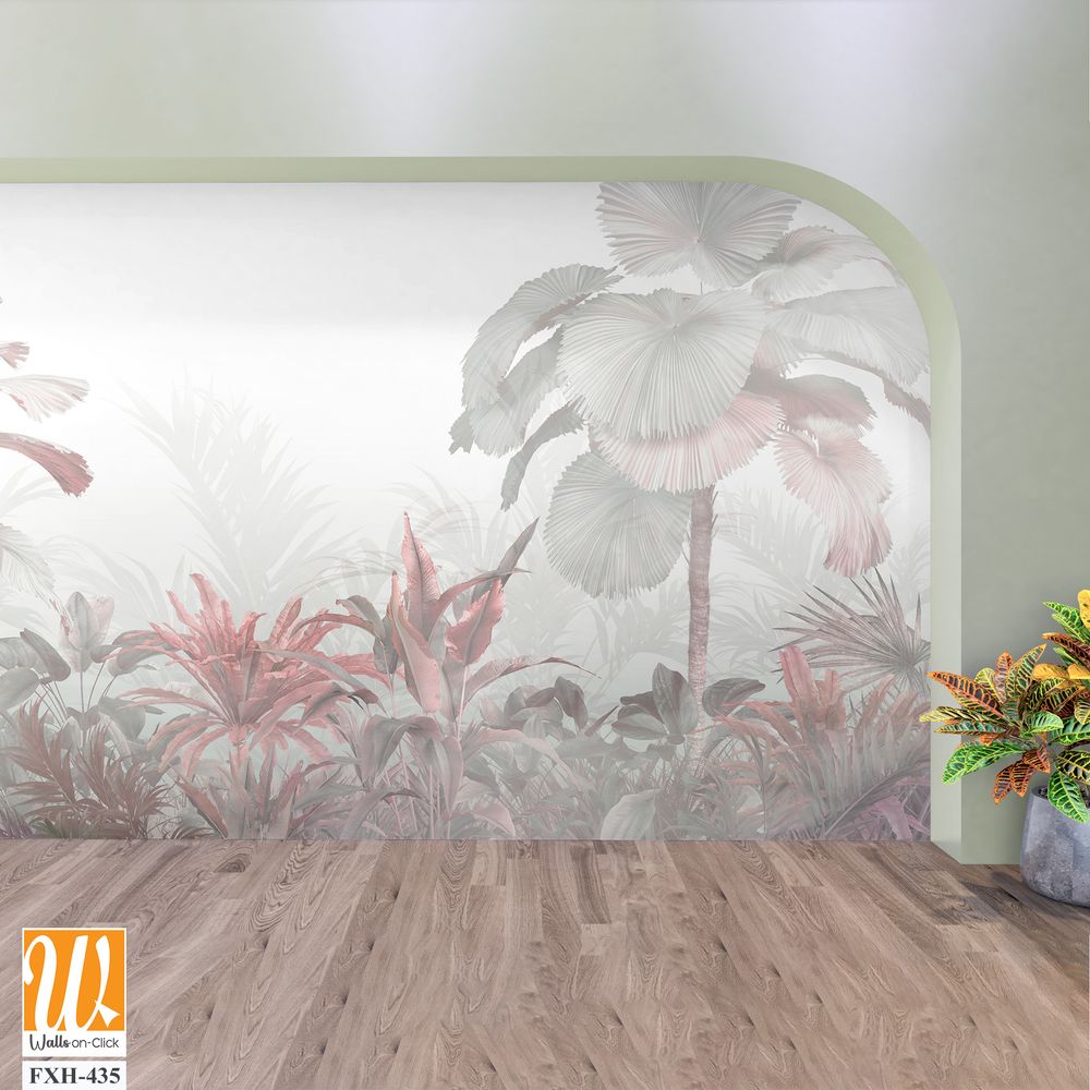 Tropical trees and leaves in foggy forest wallpaper design - 3D illustration [WP-FXH-435]