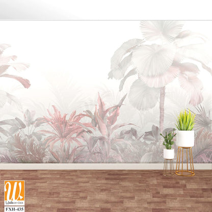 Tropical trees and leaves in foggy forest wallpaper design - 3D illustration [WP-FXH-435]