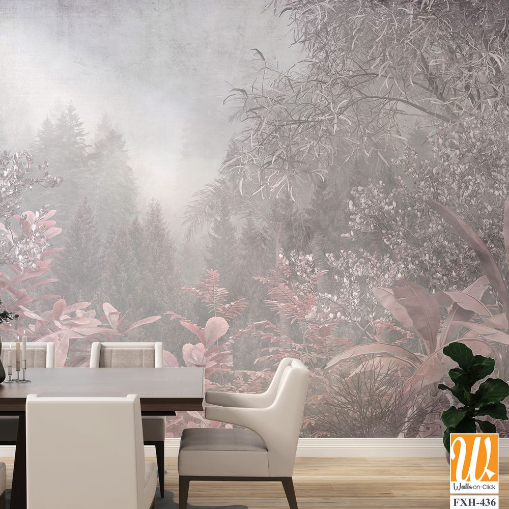 Tropical trees and leaves in foggy forest wallpaper design - 3D illustration [WP-FXH-436]