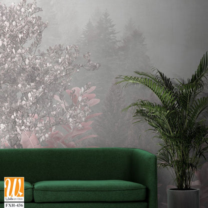 Tropical trees and leaves in foggy forest wallpaper design - 3D illustration [WP-FXH-436]