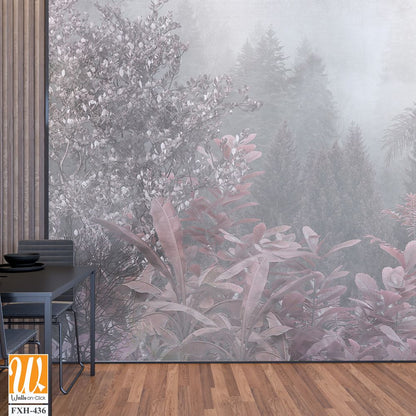 Tropical trees and leaves in foggy forest wallpaper design - 3D illustration [WP-FXH-436]