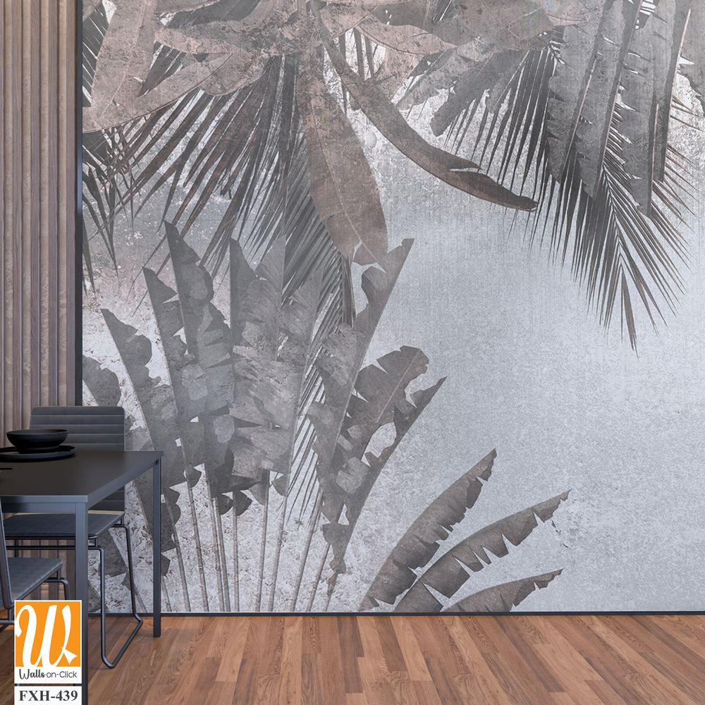 Tropical trees and leaves in foggy forest wallpaper design - 3D illustration [WP-FXH-439]