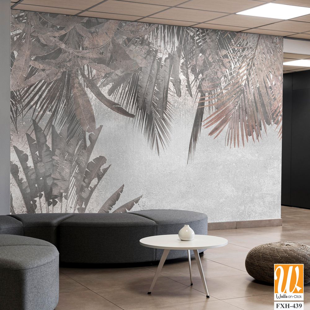 Tropical trees and leaves in foggy forest wallpaper design - 3D illustration [WP-FXH-439]