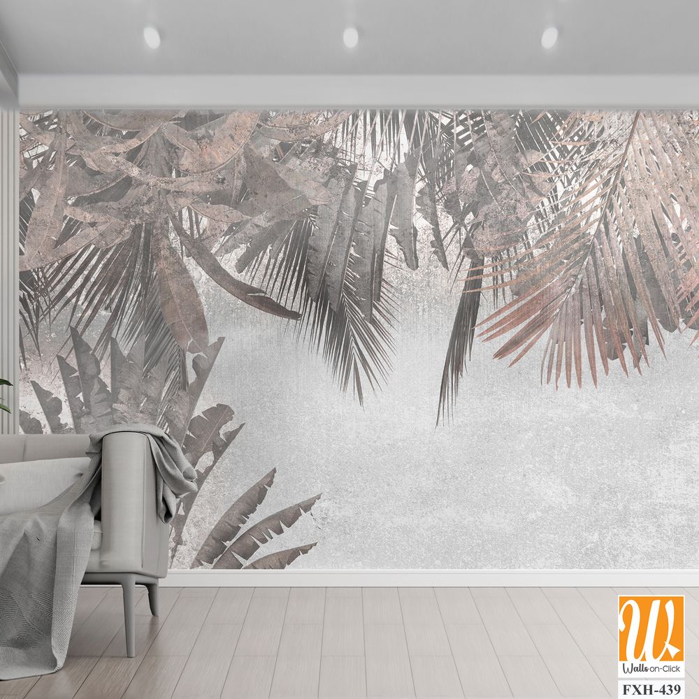 Tropical trees and leaves in foggy forest wallpaper design - 3D illustration [WP-FXH-439]