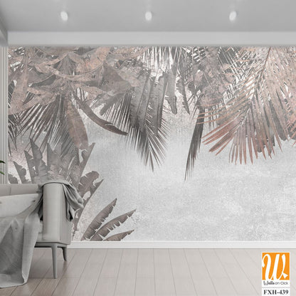 Tropical trees and leaves in foggy forest wallpaper design - 3D illustration [WP-FXH-439]