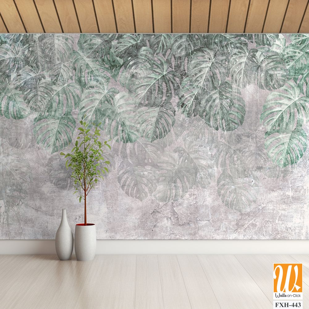 Tropical trees and leaves in foggy forest wallpaper design - 3D illustration [WP-FXH-443]