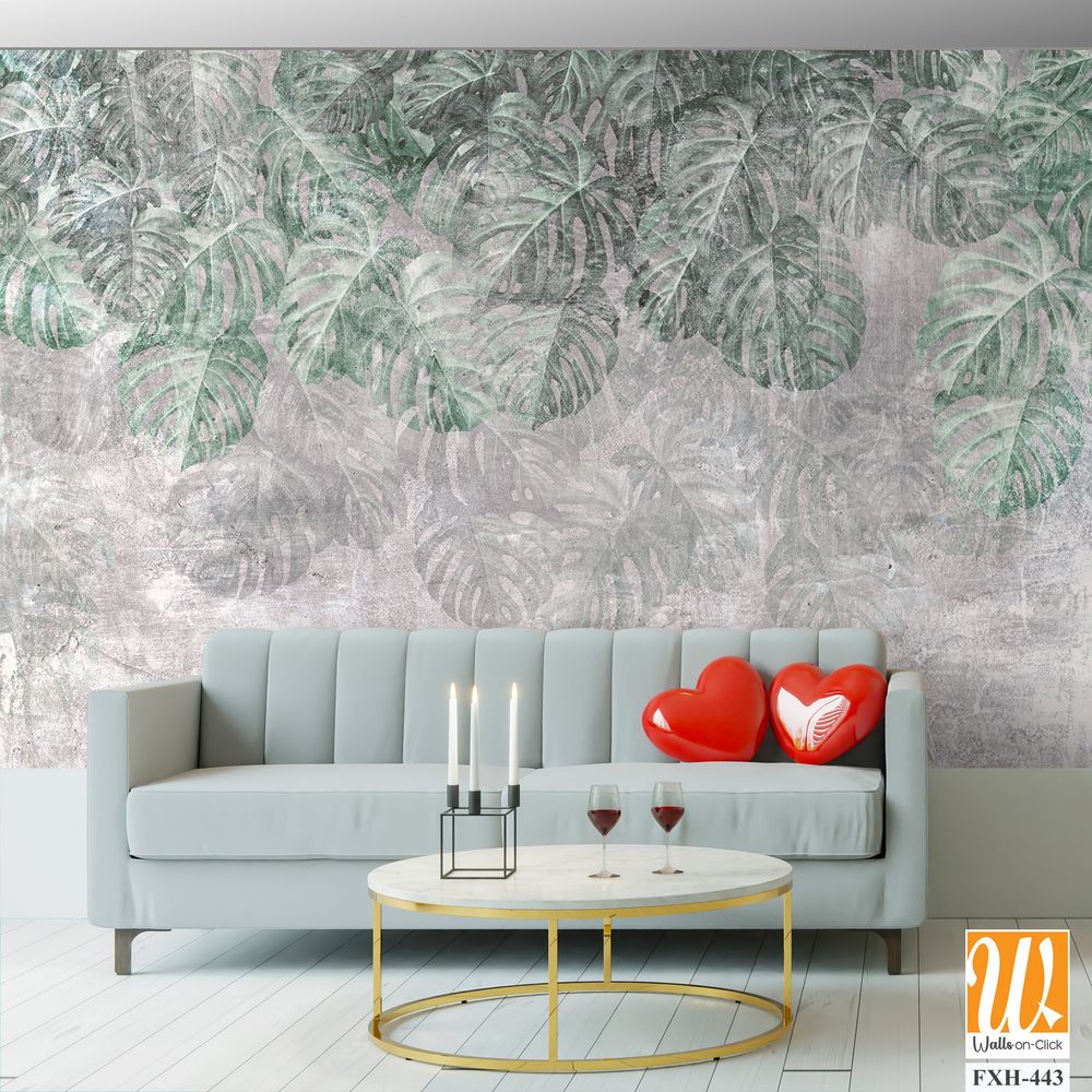 Tropical trees and leaves in foggy forest wallpaper design - 3D illustration [WP-FXH-443]