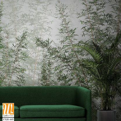 Tropical trees and leaves in foggy forest wallpaper design - 3D illustration [WP-FXH-445]