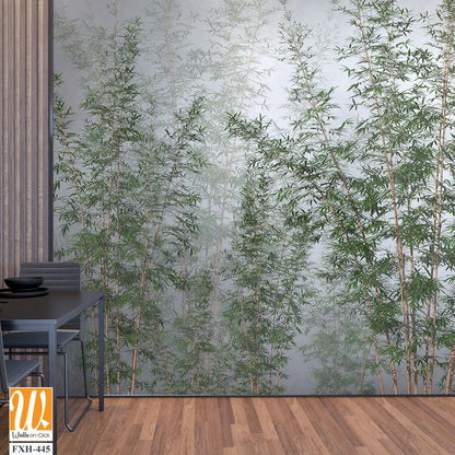 Tropical trees and leaves in foggy forest wallpaper design - 3D illustration [WP-FXH-445]