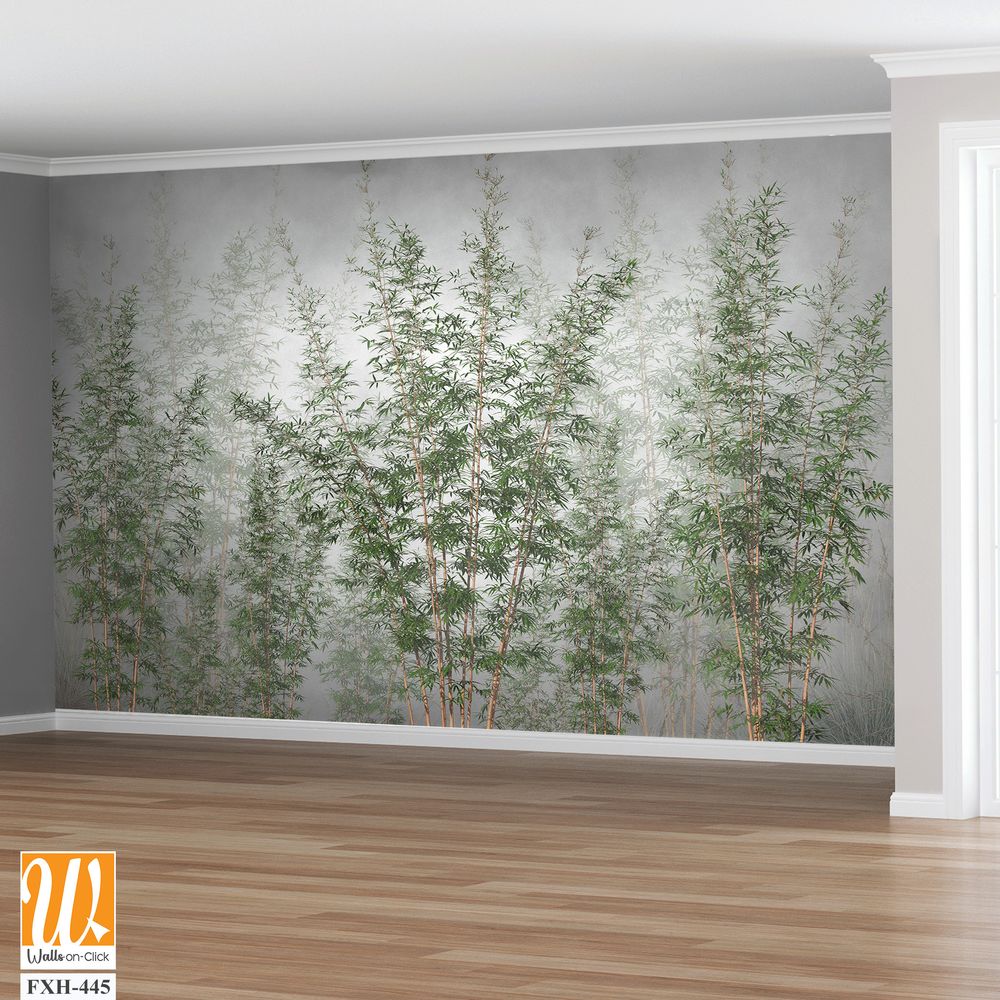 Tropical trees and leaves in foggy forest wallpaper design - 3D illustration [WP-FXH-445]