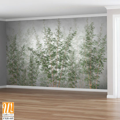 Tropical trees and leaves in foggy forest wallpaper design - 3D illustration [WP-FXH-445]