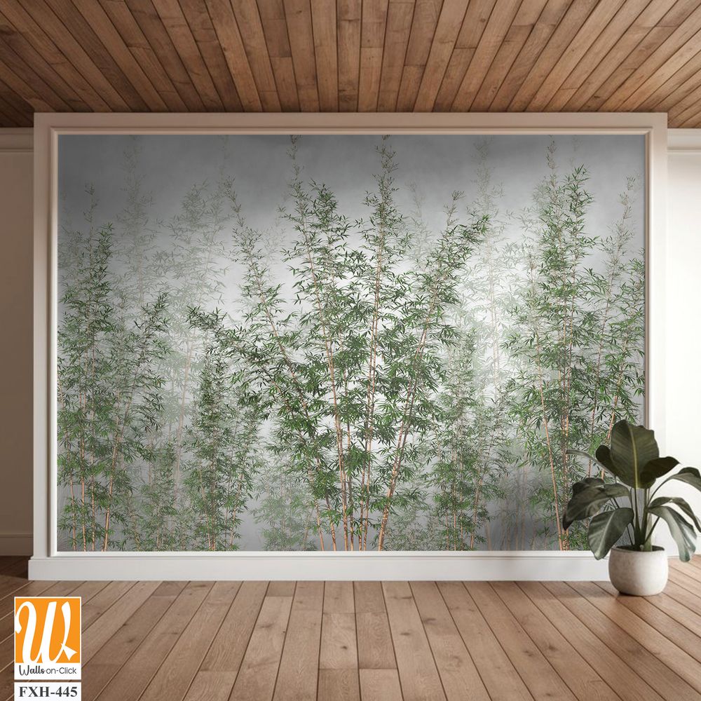 Tropical trees and leaves in foggy forest wallpaper design - 3D illustration [WP-FXH-445]