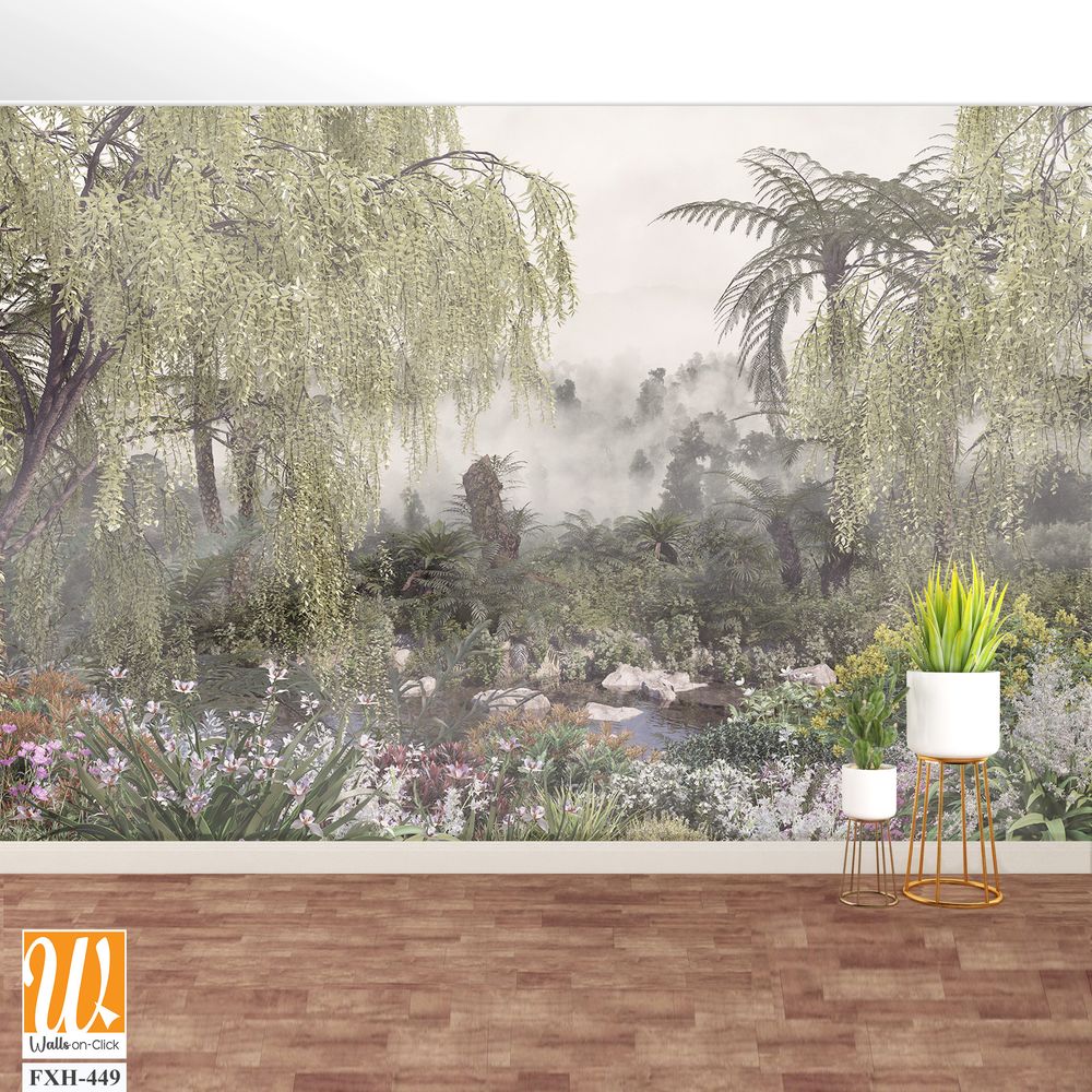 Tropical trees and leaves in foggy forest wallpaper design - 3D illustration [WP-FXH-449]