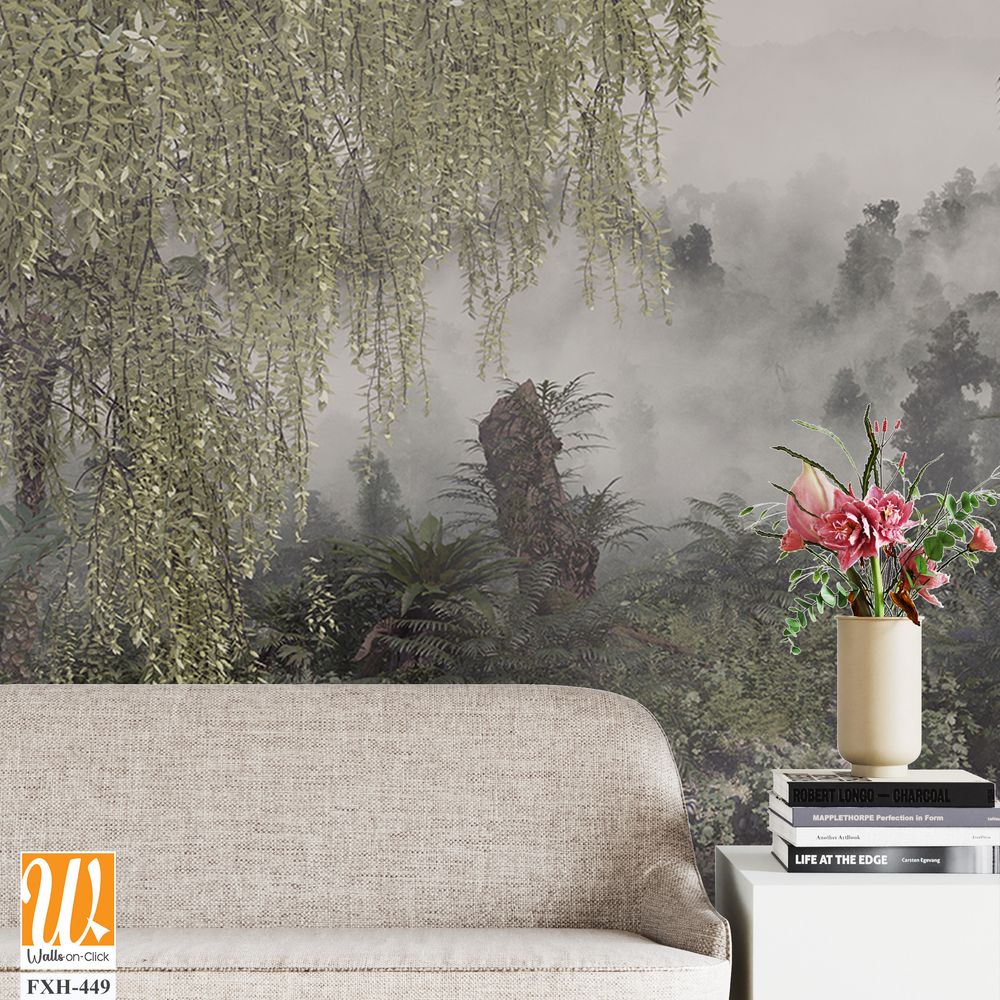 Tropical trees and leaves in foggy forest wallpaper design - 3D illustration [WP-FXH-449]