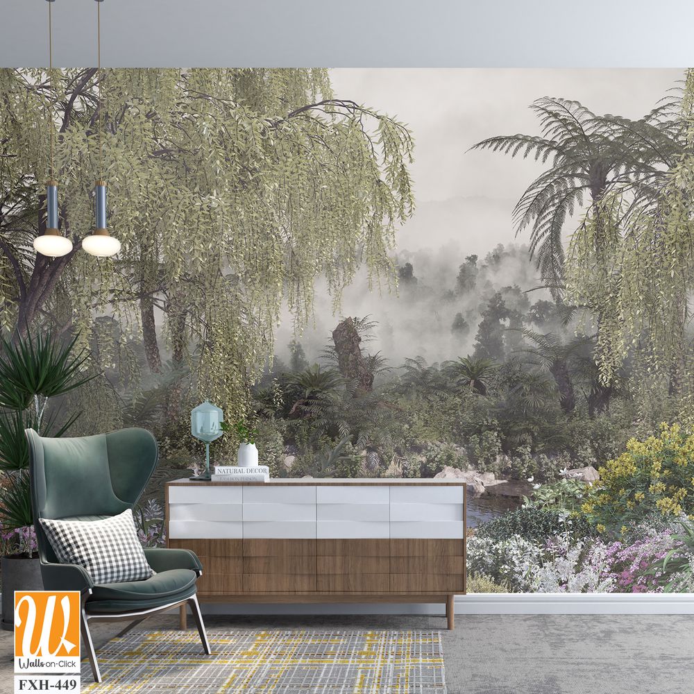 Tropical trees and leaves in foggy forest wallpaper design - 3D illustration [WP-FXH-449]