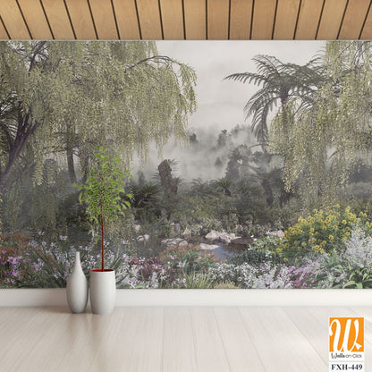 Tropical trees and leaves in foggy forest wallpaper design - 3D illustration [WP-FXH-449]