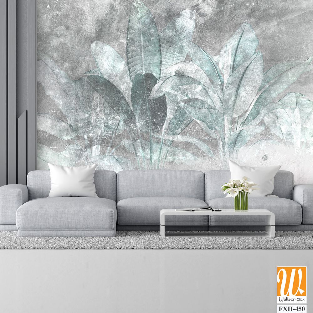 Tropical trees and leaves in foggy forest wallpaper design - 3D illustration [WP-FXH-450]