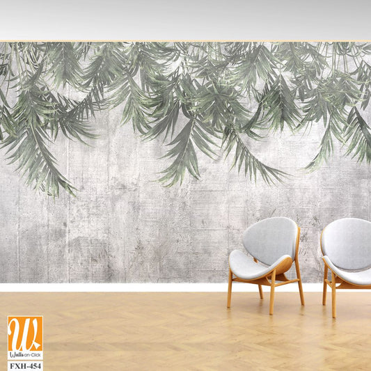 Tropical trees and leaves wallpaper design in foggy forest - 3D illustration [WP-FXH-454]