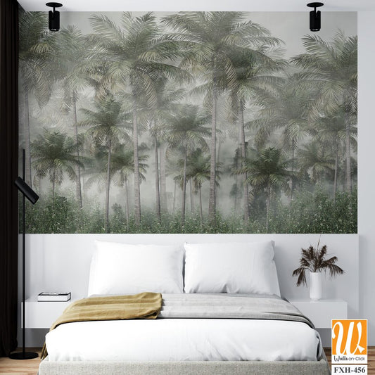 Tropical trees and leaves wallpaper design in foggy forest - 3D illustration [WP-FXH-456]