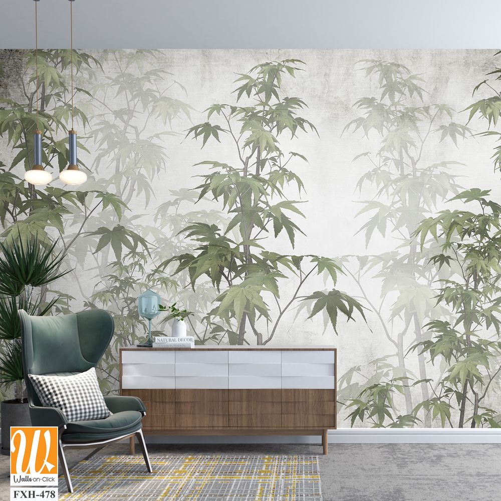 Tropical leaves and Trees Wallpaper design - 3D illustration [WP-FXH-478]