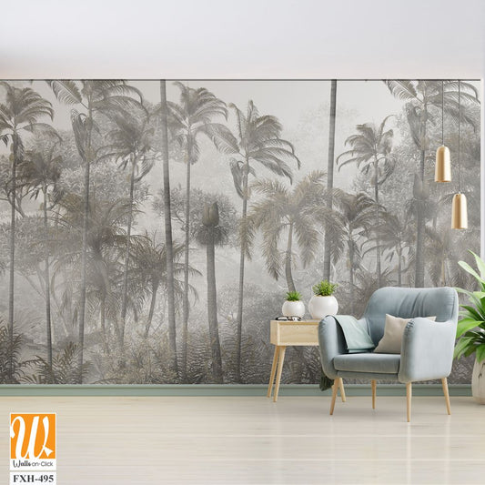 Tropical leaves and Trees Wallpaper design - 3D illustration [WP-FXH-495]