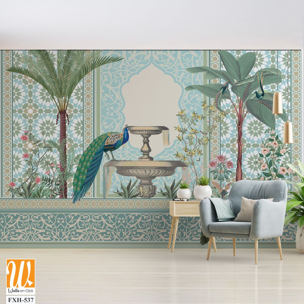 Traditional Moroccan decorative wall with plants and peacock [WP-FXH-537]