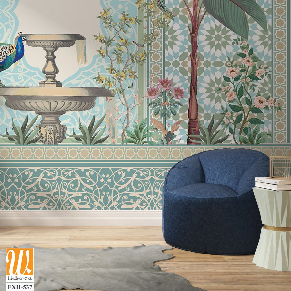 Traditional Moroccan decorative wall with plants and peacock [WP-FXH-537]