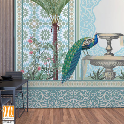 Traditional Moroccan decorative wall with plants and peacock [WP-FXH-537]