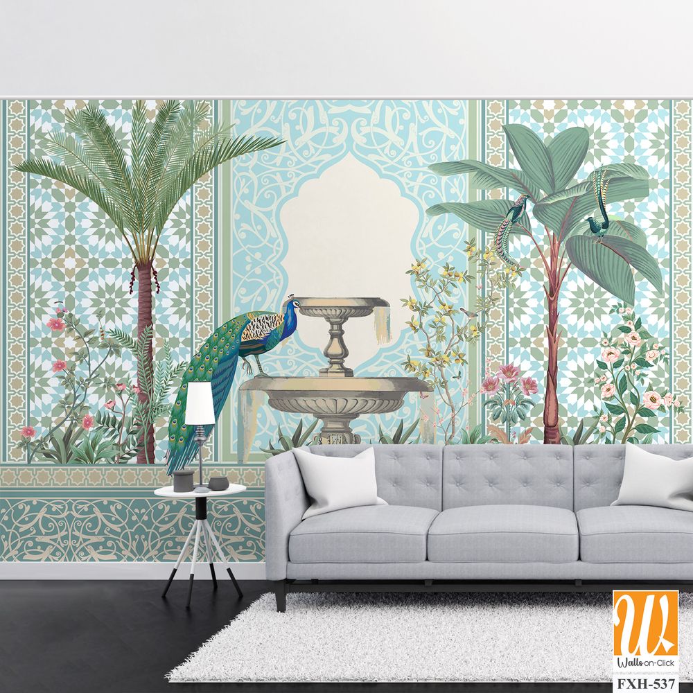 Traditional Moroccan decorative wall with plants and peacock [WP-FXH-537]