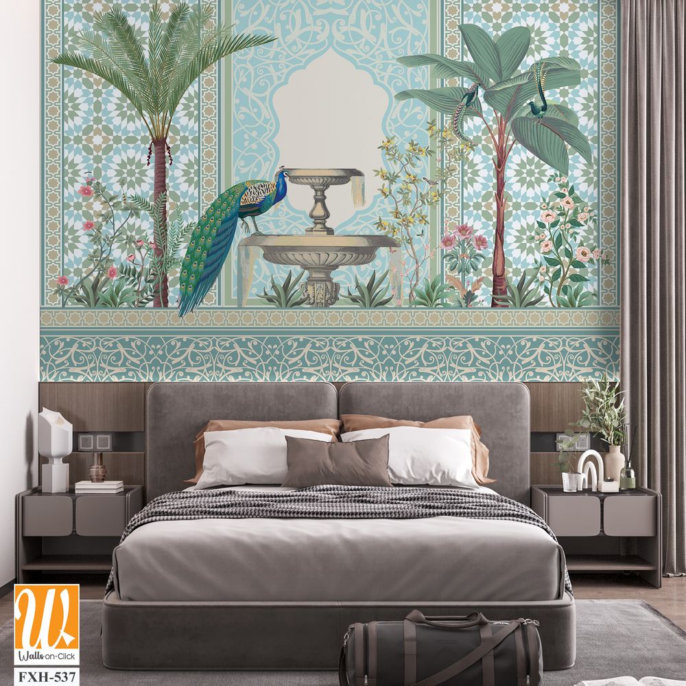 Traditional Moroccan decorative wall with plants and peacock [WP-FXH-537]