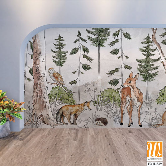 Photo wallpaper which depicts animals walking in the forest, art drawing, image on a textured background [WP-FXH-539]