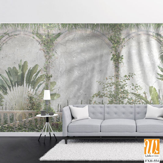 Tropical Trees and leaves wallpaper design for digital printing - 3D illustration [WP-FXH-554]