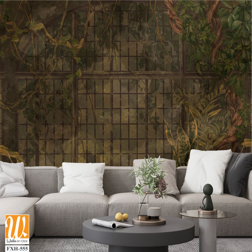 Art drawing vintage which depicts tropical plants and creepers, photo wallpaper in the interior [WP-FXH-555]