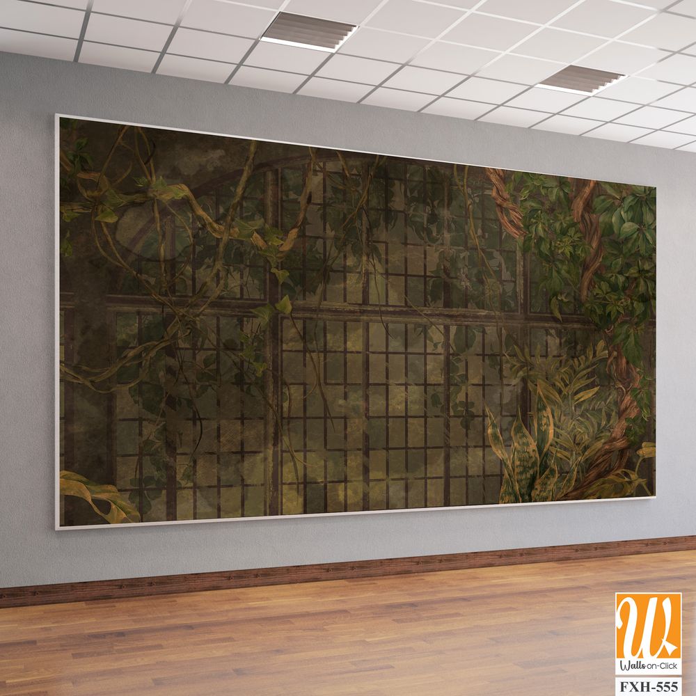 Art drawing vintage which depicts tropical plants and creepers, photo wallpaper in the interior [WP-FXH-555]