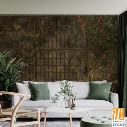 Art drawing vintage which depicts tropical plants and creepers, photo wallpaper in the interior [WP-FXH-555]