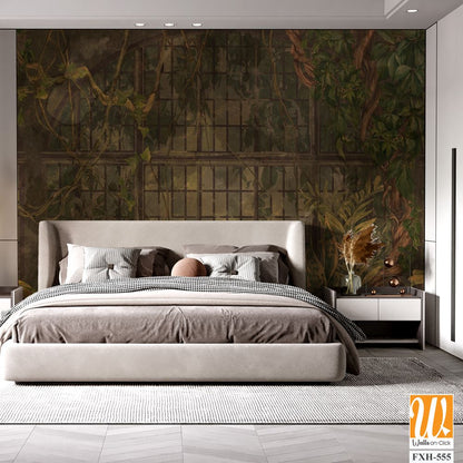 Art drawing vintage which depicts tropical plants and creepers, photo wallpaper in the interior [WP-FXH-555]