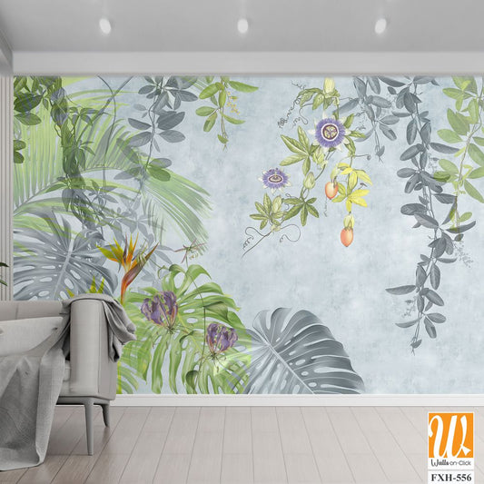 Tropical plants, flowers and leaves on a light background. Great choise for wallpaper, photo wallpaper, mural, card, postcard, home decor, poster. Design for modern and loft interior. [WP-FXH-556]