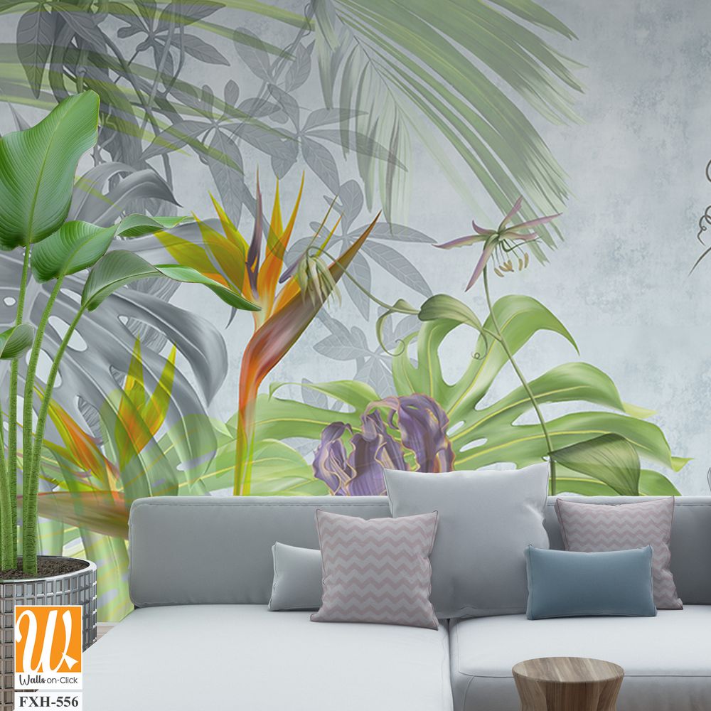 Tropical plants, flowers and leaves on a light background. Great choise for wallpaper, photo wallpaper, mural, card, postcard, home decor, poster. Design for modern and loft interior. [WP-FXH-556]